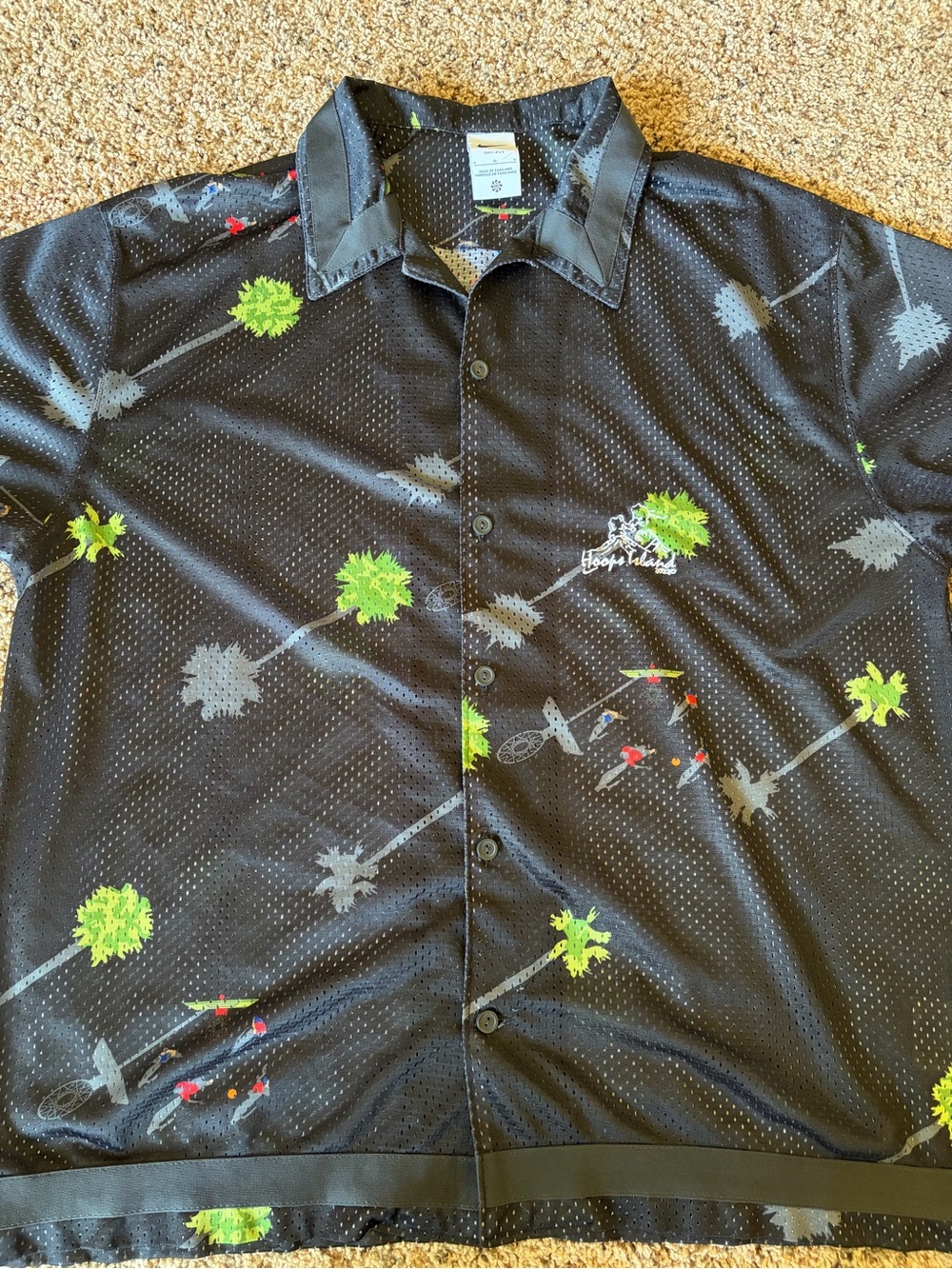 Nike Black Short-Sleeve Button-Up with Green Palm and Gray Accents